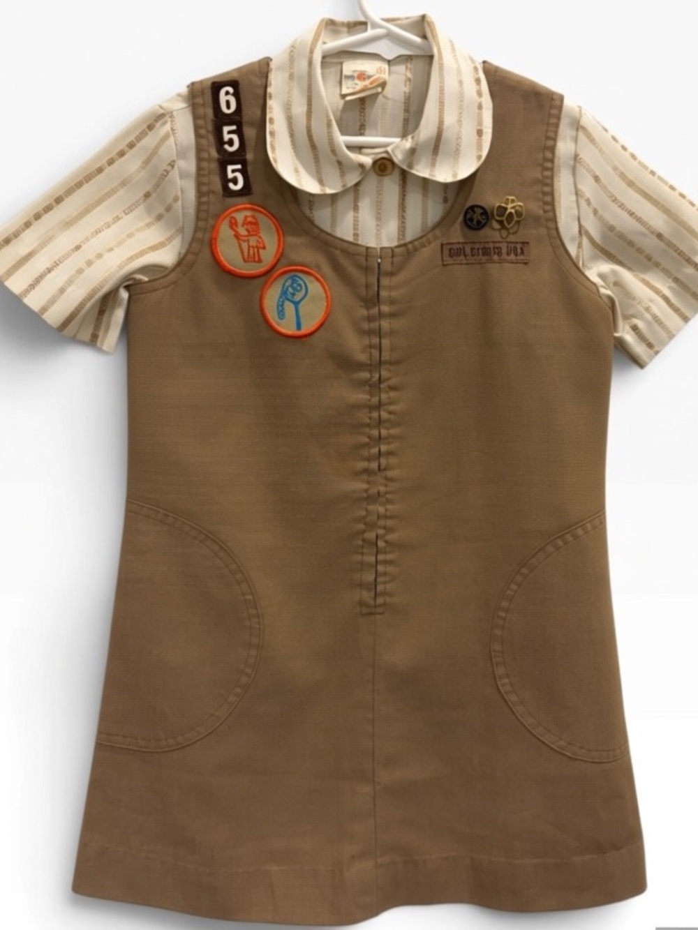 VTG 1970s Girl Scouts Brownies Uniform Dress with Badges and Pins